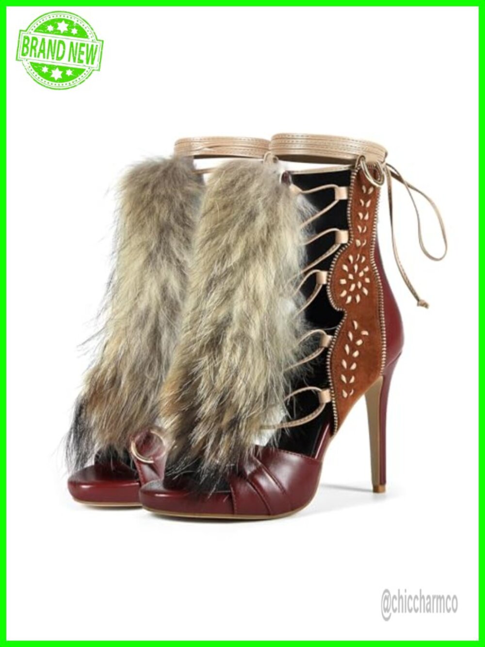 Stiletto Ankle High Heeled Sandal Bootie, Suede Furry Fur Fluffy Plush Gold